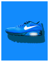 Blue Nike sneaker with white swoosh and visible air cushioning on a blue background.