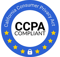 Circular emblem with text 'California Consumer Privacy Act' and 'CCPA Compliant' surrounded by five yellow stars and a lock icon.