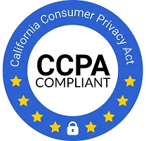Circular emblem with text 'California Consumer Privacy Act' and 'CCPA Compliant' surrounded by five yellow stars and a lock icon.