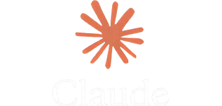 Orange starburst icon above the word Claude in white text on a transparent background.