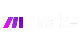 Make logo with three purple slashes followed by the word make in white lowercase letters.