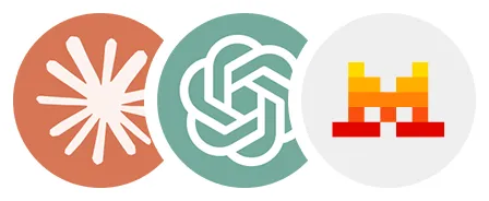 Three overlapping circular icons featuring a stylized sunburst, the OpenAI logo, and a pixel art character with orange and red colors.