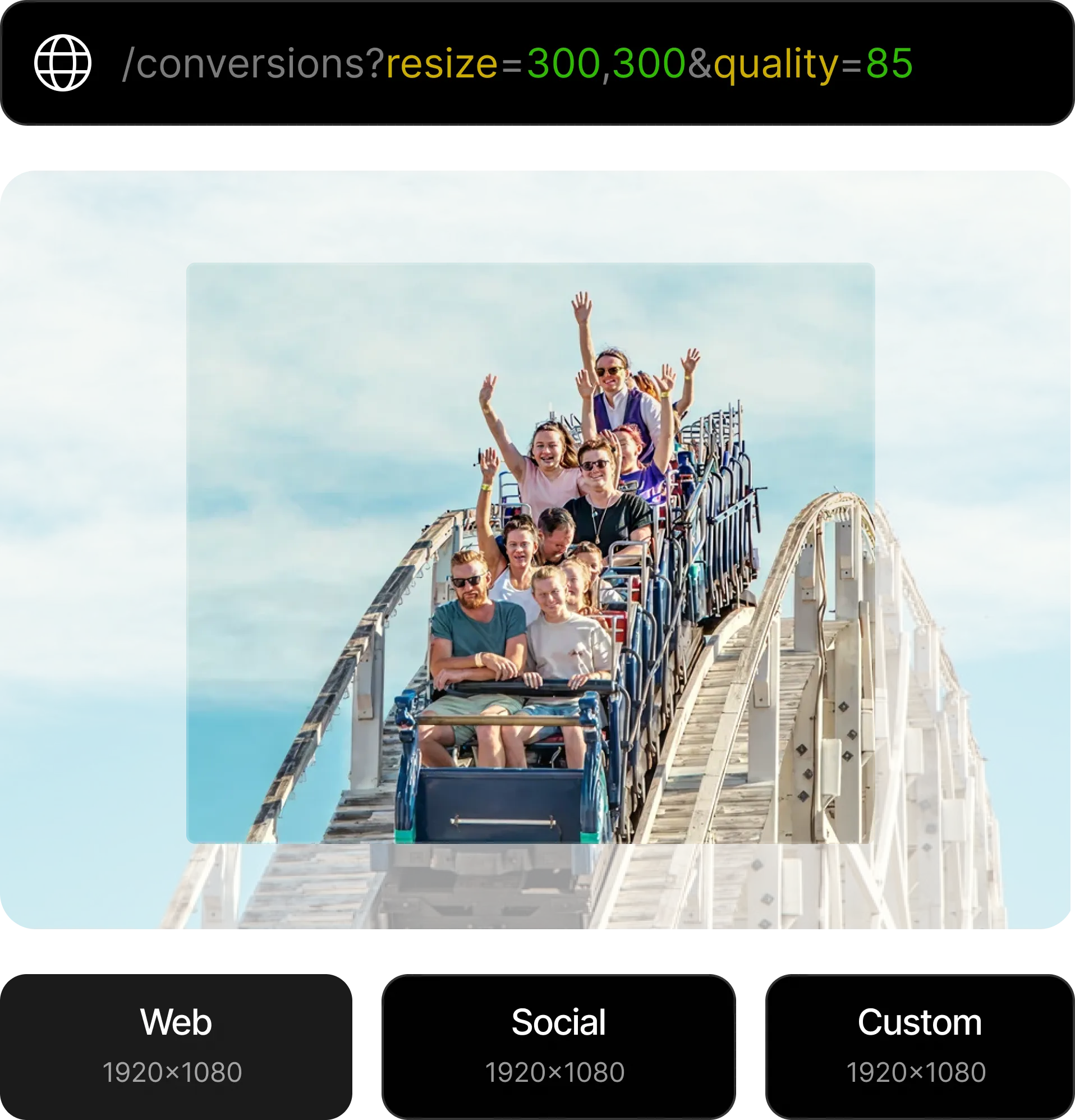 Group of people enjoying a roller coaster ride with hands raised on a sunny day.