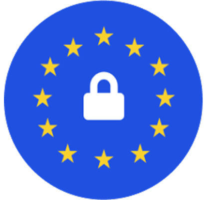 White padlock icon centered within a circle of twelve yellow stars on a blue background, symbolizing European data privacy.