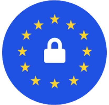 White padlock icon centered within a circle of twelve yellow stars on a blue background, symbolizing European data privacy.