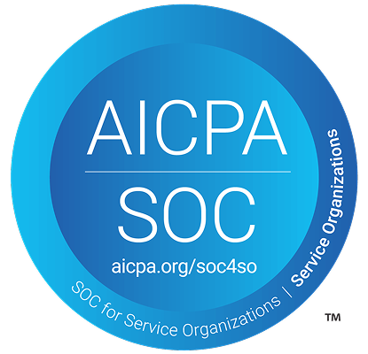 AICPA SOC badge with text Soc for Service Organizations and URL aicpa.org/soc4so on a blue circular gradient background.