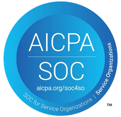 AICPA SOC badge with text Soc for Service Organizations and URL aicpa.org/soc4so on a blue circular gradient background.
