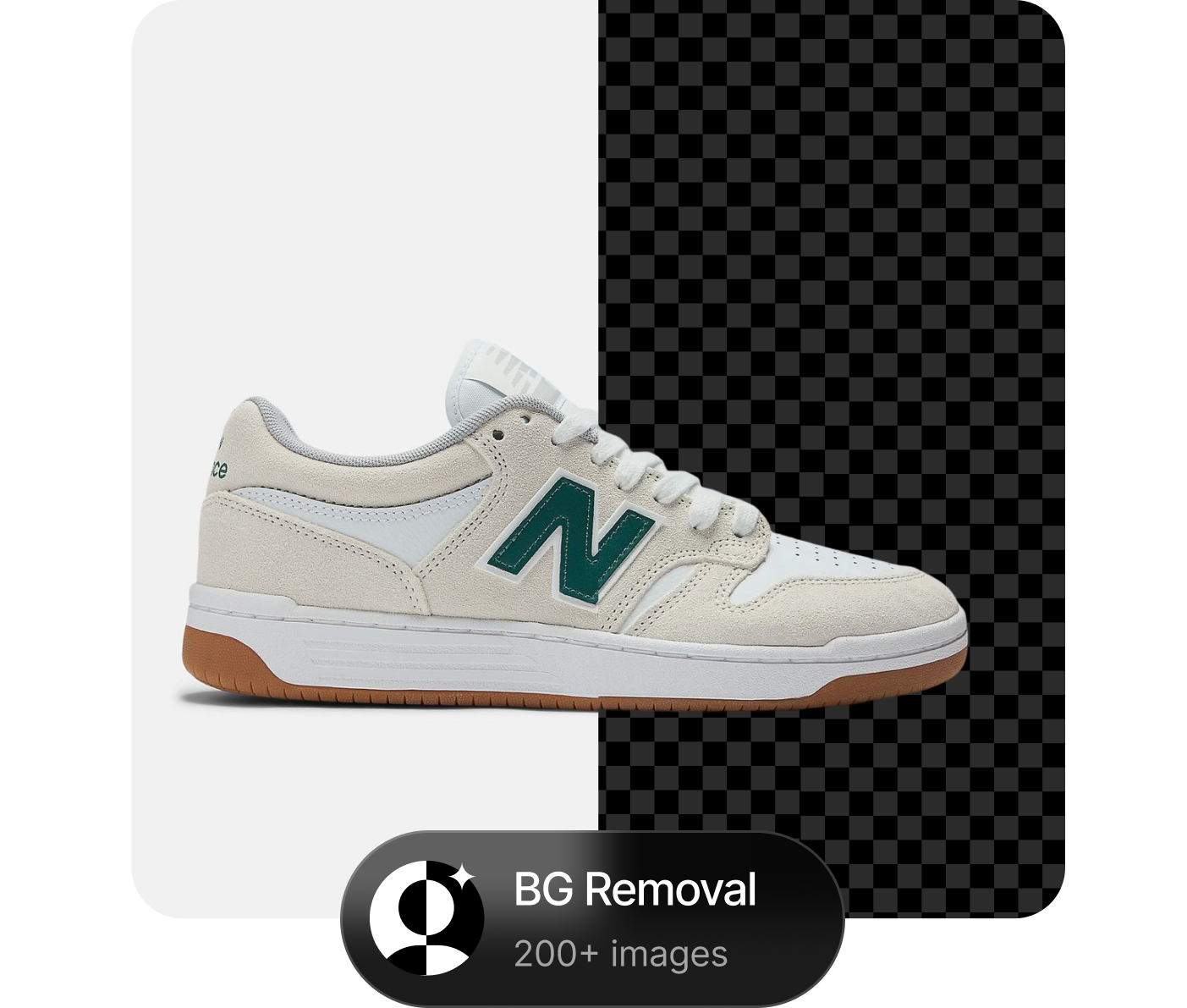 Side view of a white and beige New Balance sneaker with green logo and gum sole.