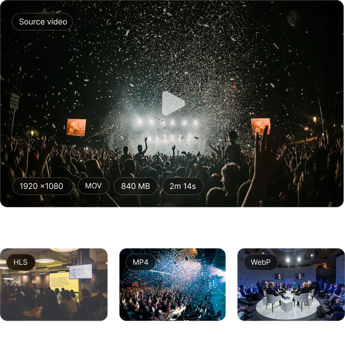 Large crowd at a nighttime concert with confetti falling and bright stage lights.