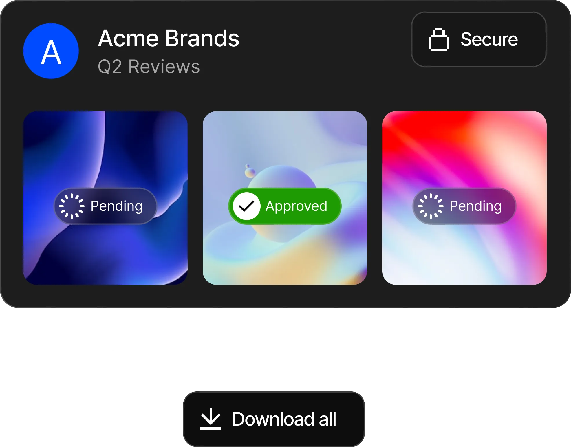 Acme Brands Q2 Reviews panel showing three assets: one approved and two pending, with option to download all.