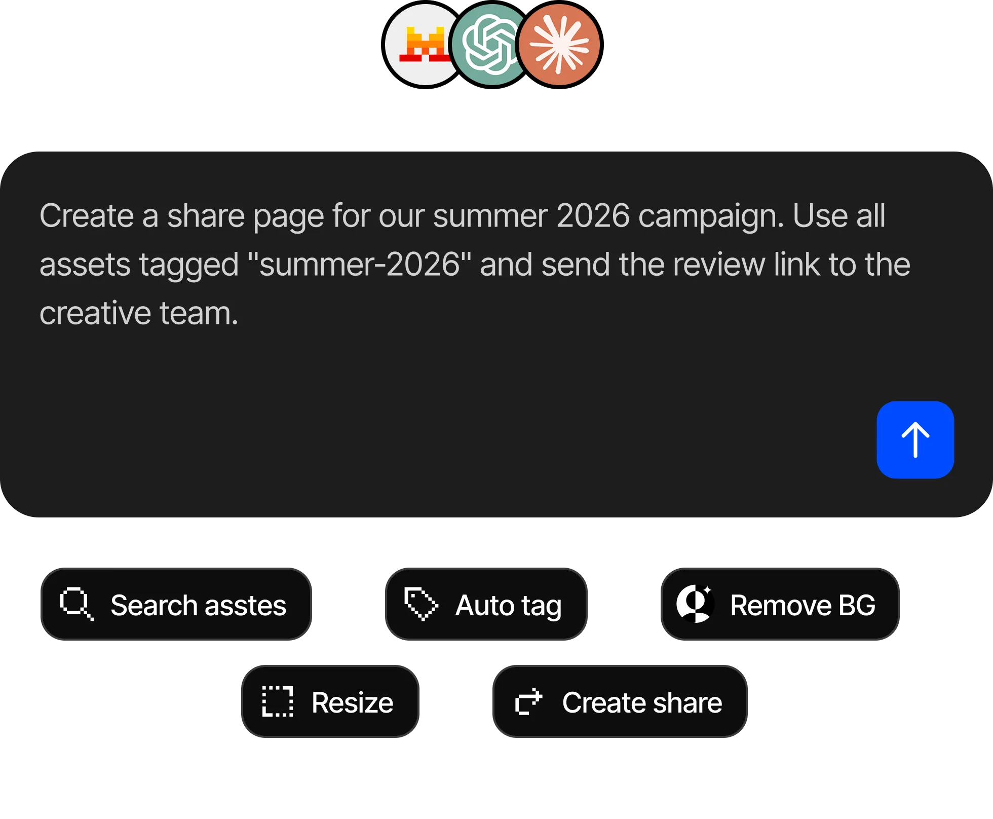 Task instructions to create a share page for summer 2026 campaign using assets tagged 'summer-2026' and send the review link to the creative team, accompanied by icons for Search assets, Auto tag, Remove BG, Resize, and Create share.