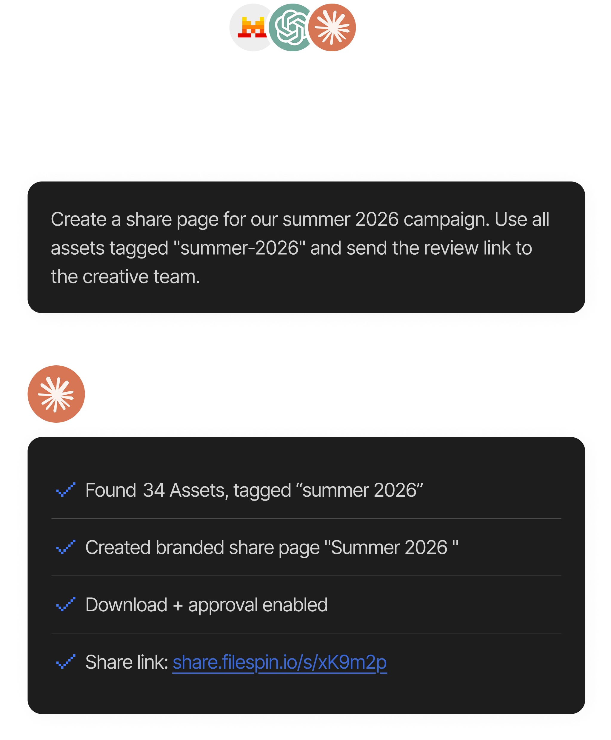 Chat dialogue showing a task to create a share page for the summer 2026 campaign using assets tagged summer-2026, with confirmation of 34 assets found, a branded share page created, download and approval enabled, and a share link provided.