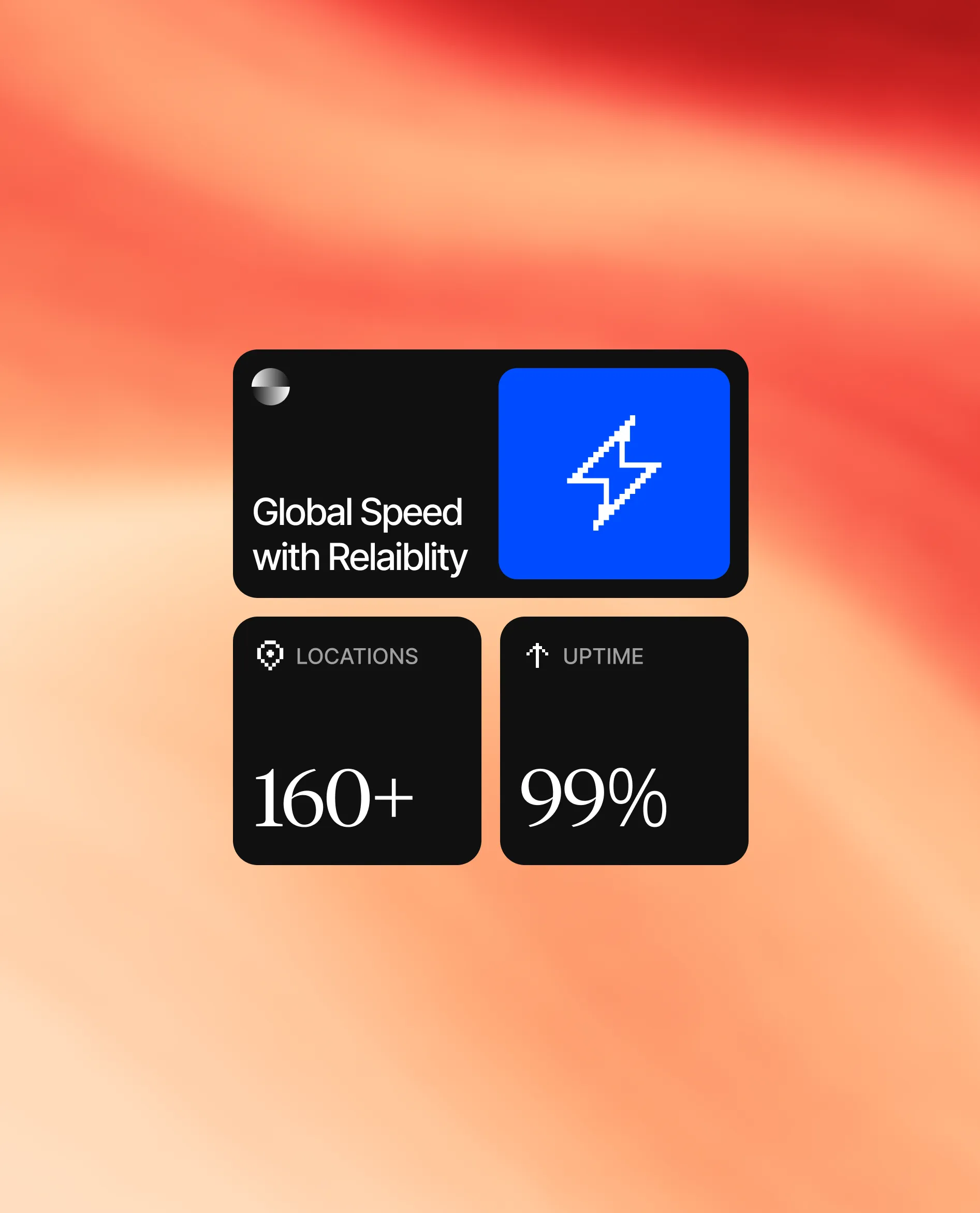 Graphic showing 'Global Speed with Reliability' with icons indicating over 160 locations and 99% uptime on a red and orange gradient background.