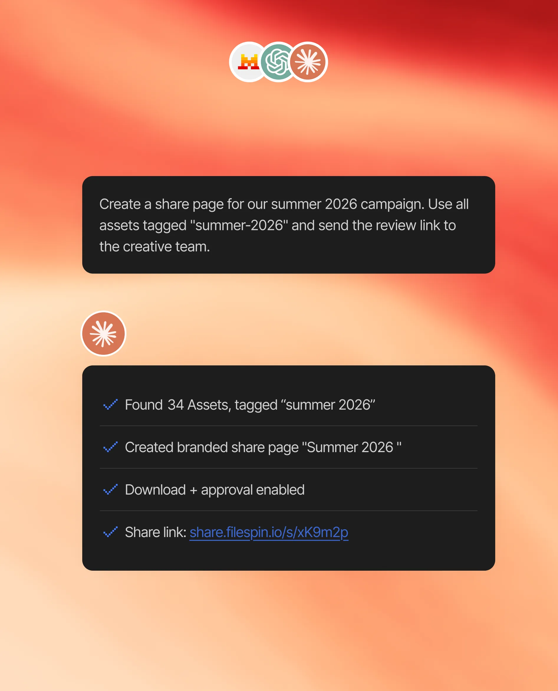 User interface showing instructions to create a share page for summer 2026 campaign with 34 assets found, branded page created, download and approval enabled, and a share link provided.