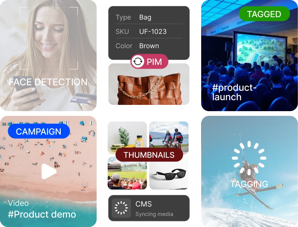 Collage showing face detection on a smiling woman, a brown bag with product info, audience at a product launch, aerial beach campaign video, media thumbnails labeled CMS, and a skier tagged with 'TAGGING'.