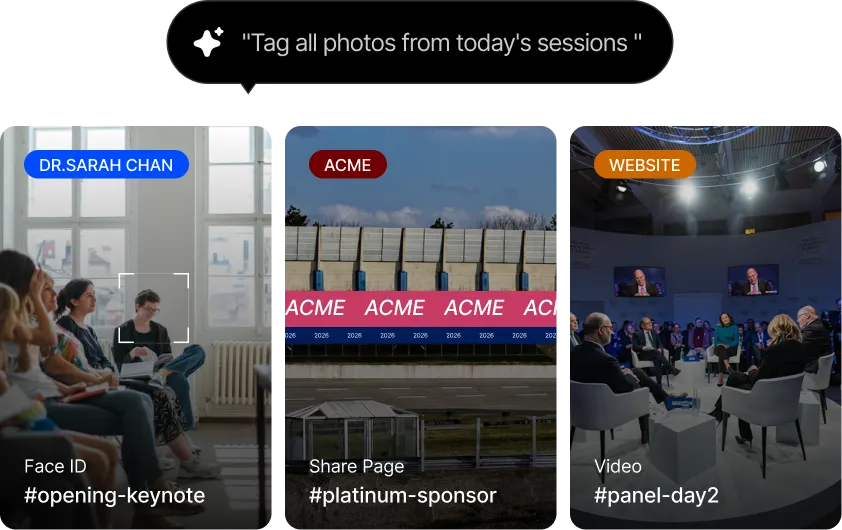 Composite image showing three tagged photos: a group session with Dr. Sarah Chan labeled #opening-keynote, an outdoor building with ACME sponsor tags labeled #platinum-sponsor, and a panel discussion video labeled #panel-day2.