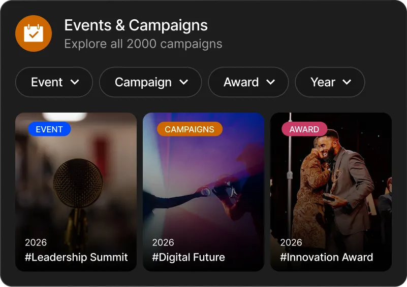 Events and campaigns interface showing 2026 Leadership Summit with microphone, Digital Future campaign with silhouetted figures, and Innovation Award ceremony with two people embracing.