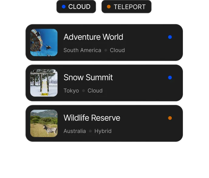 Menu showing three locations: Adventure World in South America marked as Cloud with an image of a swing ride, Snow Summit in Tokyo marked as Cloud with an image of a snowy ski lift, and Wildlife Reserve in Australia marked as Hybrid with an image of a zebra in grass.