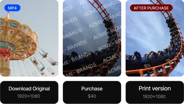 Three vertically aligned images showing an amusement park swing ride in motion, a roller coaster with riders on a loop under a blue sky, and a roller coaster labeled 'AFTER PURCHASE'.