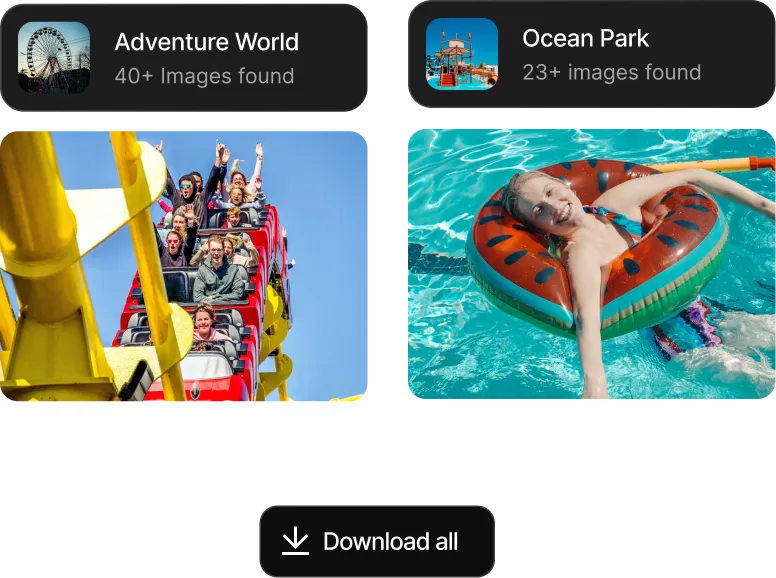 Two image preview cards: left card titled Adventure World with a roller coaster photo of people enjoying a ride, right card titled Ocean Park with a photo of a smiling girl floating in a pool on a donut-shaped swim tube.