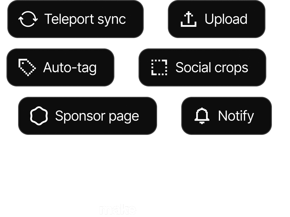Workflow steps showing Teleport sync to Upload, Auto-tag to Social crops, and Sponsor page to Notify with corresponding icons on black background.