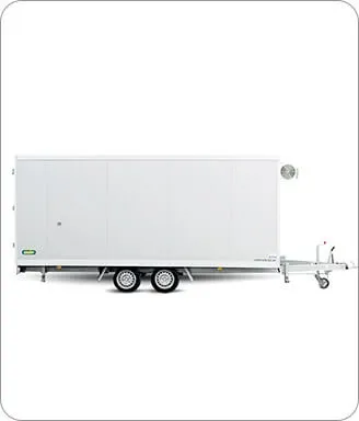 White enclosed dual-axle trailer with a side door and ventilation fan on a white background.