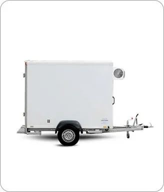 White refrigerated single-axle tow trailer with cooling unit on the side.
