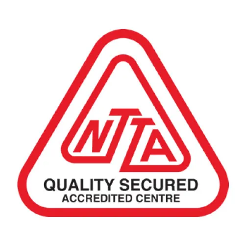 NTA Quality Secured Accredited Centre logo with red triangular outline and text inside.