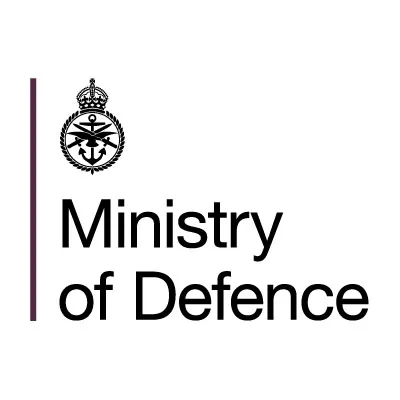 Ministry of Defence logo featuring a crown above symbols of an anchor, sword, and wings inside a circular rope design.