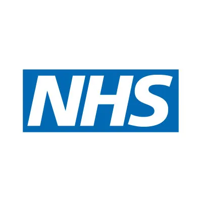NHS logo in white letters on a blue rectangular background.