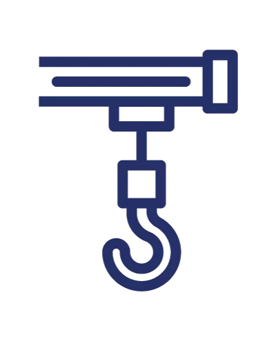 Illustration of a ceiling-mounted hook with a rectangular bracket and a curved hook hanging down.