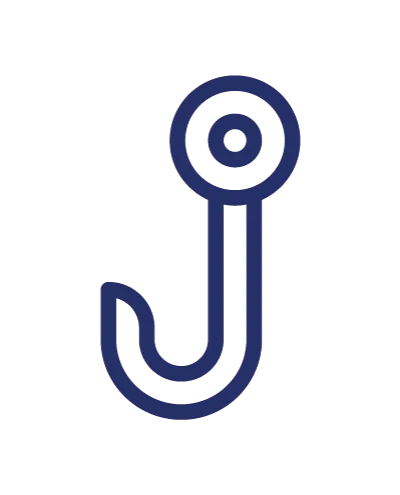 Simple blue line drawing of a poultry hook with circular top and curved hook bottom.