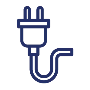 Simple dark blue electric plug icon with a curved cord on a white background.