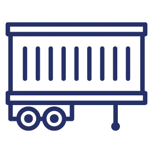Line art icon of a trailer with two wheels and vertical bars on its side.