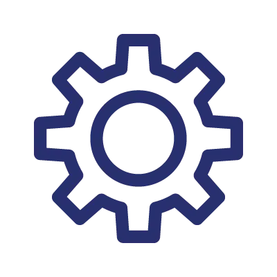 Icon of a gear wheel representing mechanical or settings concept.