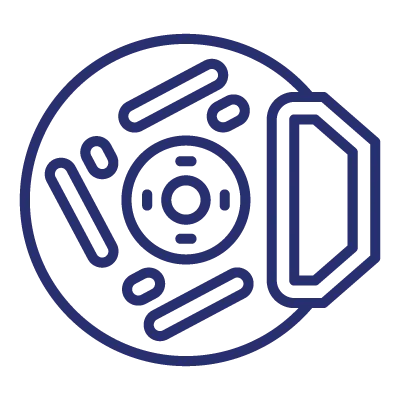Icon of a disc brake with caliper in blue outline.