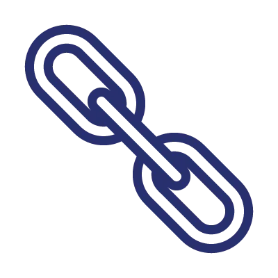 Simple dark blue chain link icon with two oval links connected diagonally.