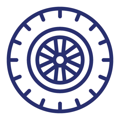Simple blue icon of a car tire with rim and tread marks.