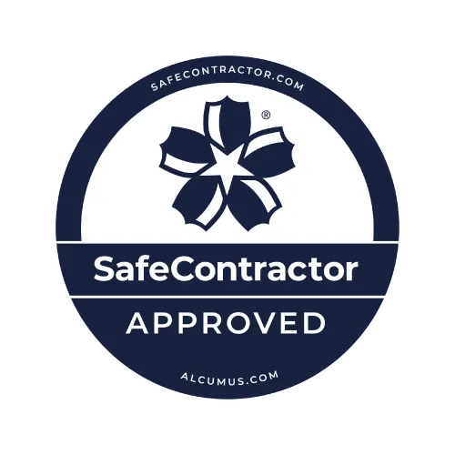 SafeContractor Approved certification badge with flower-like symbol and website URLs safcontractor.com and alcumus.com.