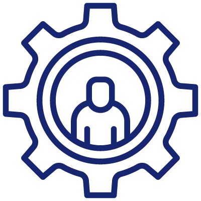 Outline icon of a person inside a gear representing skilled workforce or human resource management.