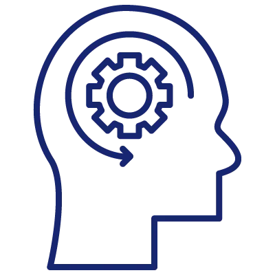 Outline of a human head with a gear and circular arrow inside, representing thinking or mental process.