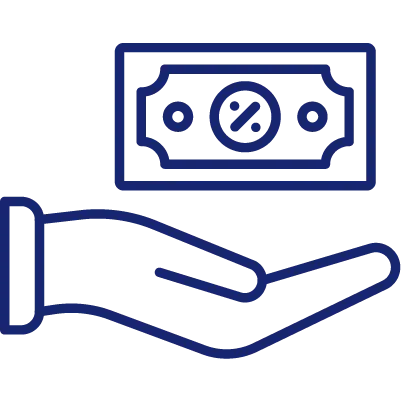 Outlined hand holding a banknote with a percentage symbol, representing a discount or financial offer.
