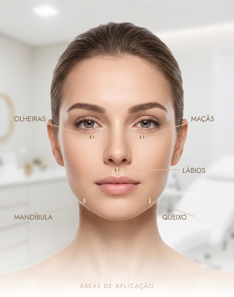 Áreas de aplicação: olheiras, maçãs, lábios, mandíbula e queixo