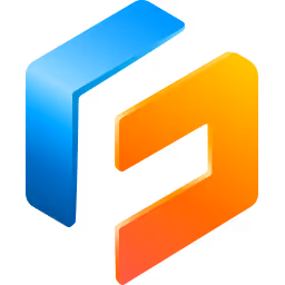 Logo met een gestileerde ontwerp van een blauwe en oranje 3D-vorm die samen een abstracte letter G vormt.