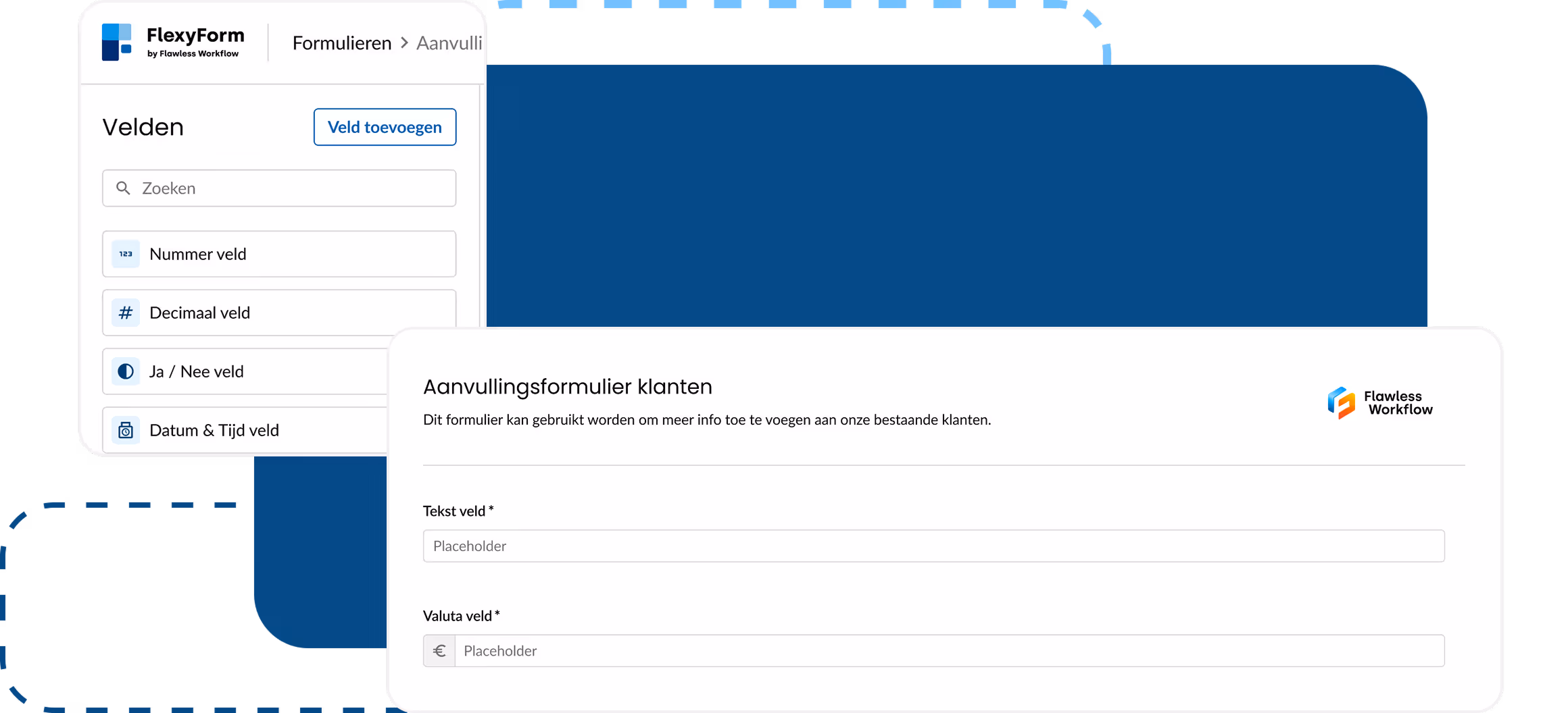 Screenshot van FlexyForm formulierbouwer met opties voor Nummer veld, Decimaal veld, Ja/Nee veld, Datum & Tijd veld en een aanvullingsformulier klanten met tekst- en valuta-velden.