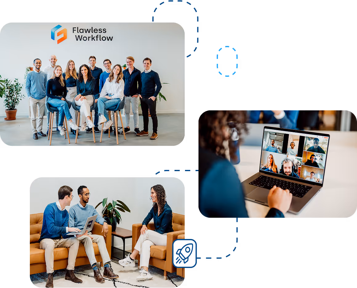 Een team van tien mannen en vrouwen poseert samen in een kantoorruimte met het logo 'Flawless Workflow' aan de muur; daarnaast een vrouw die via laptop in een videogesprek met zes deelnemers zit; en een gesprek tussen drie collega’s zittend op bruine banken.