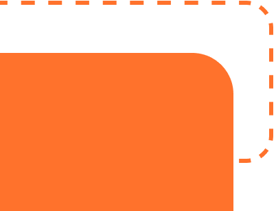 Oranje vierkant met afgeronde hoek en onderbroken omtreklijn rechtsboven op groene achtergrond.