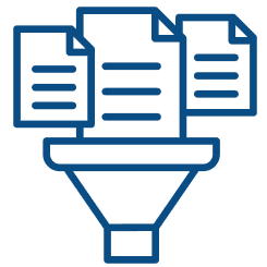 Pictogram van drie documenten boven een trechter die informatie filtert.
