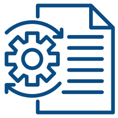 Pictogram van een document met een tandwiel en pijlen die een proces of update voorstellen.
