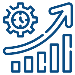 Pijlgrafiek met stijgende trend en tandwiel met klok die tijdsoptimalisatie symboliseert.